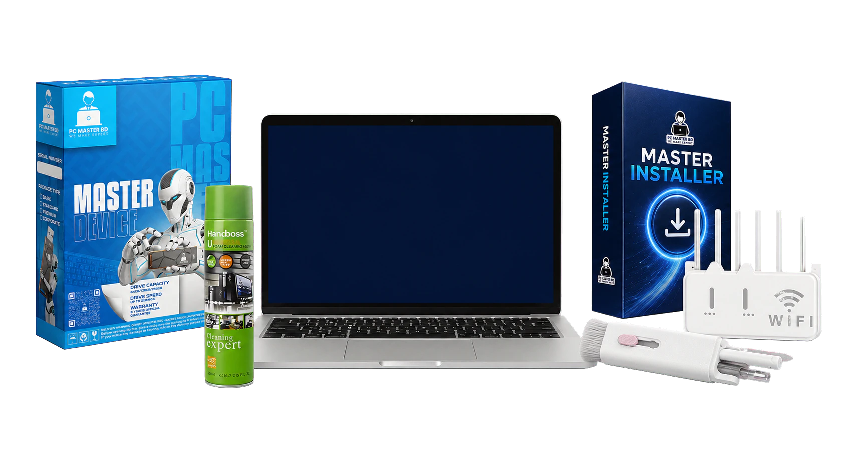 PC Master BD genuine Master Device, router, Master Installer, cleaning pen, foam cleaner and laptop